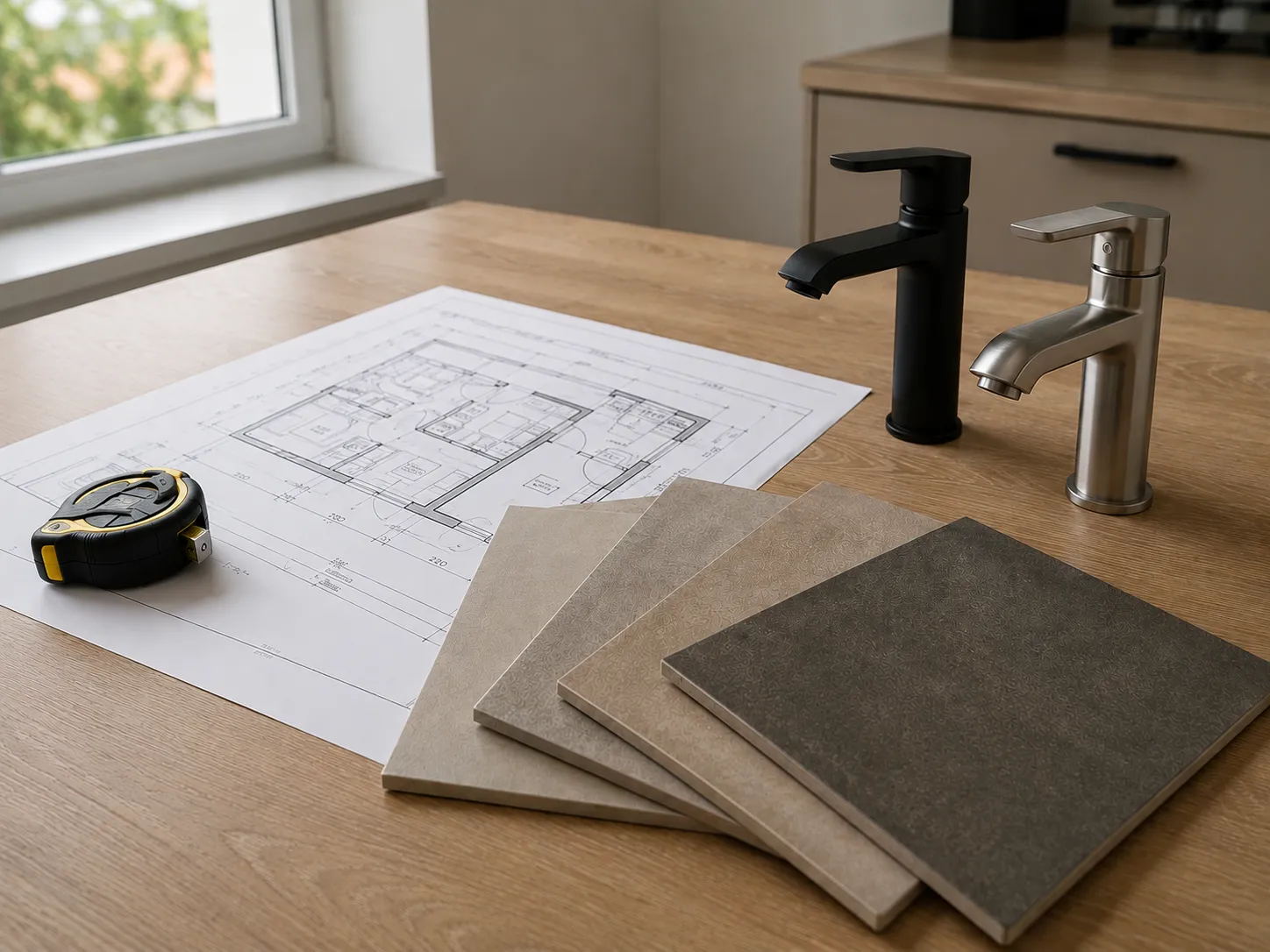 Planungstisch mit Fliesenmustern, Bauplan und Grundriss eines neuen Bades.