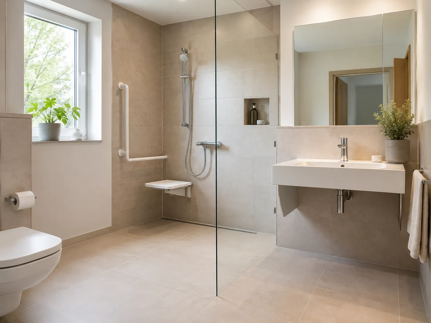 Barrierefreies Bad mit bodengleicher Dusche, Haltegriff, Duschklappsitz und unterfahrbarem Waschbecken.