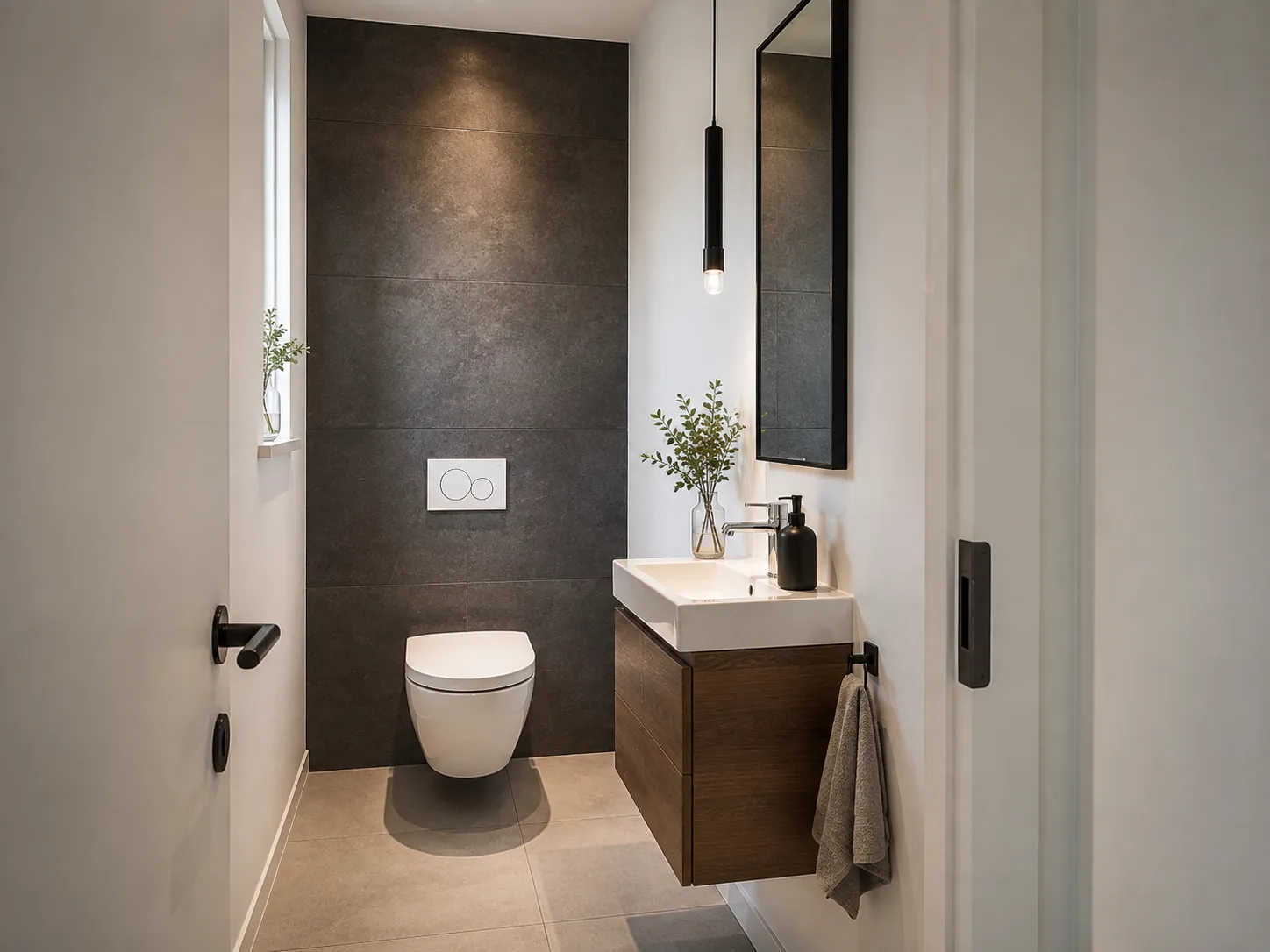 Kleines Gäste-WC mit dunkel gefliester Akzentwand, wandhängendem WC und schmalem Holzwaschtisch.