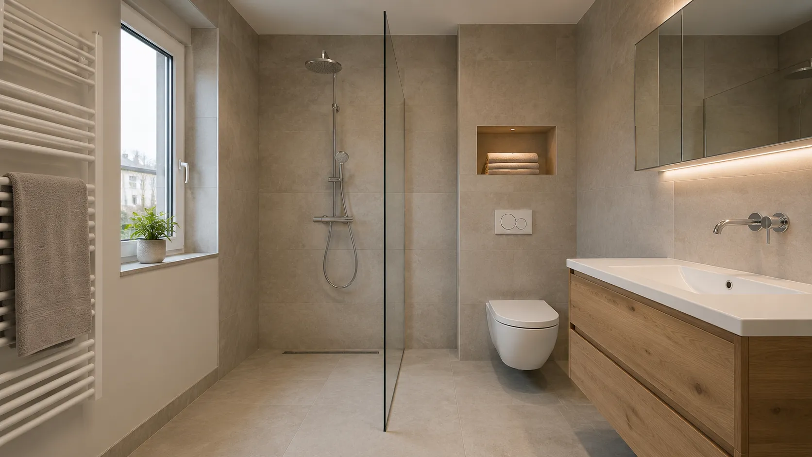 Modernes, frisch saniertes Badezimmer mit bodengleicher Dusche
