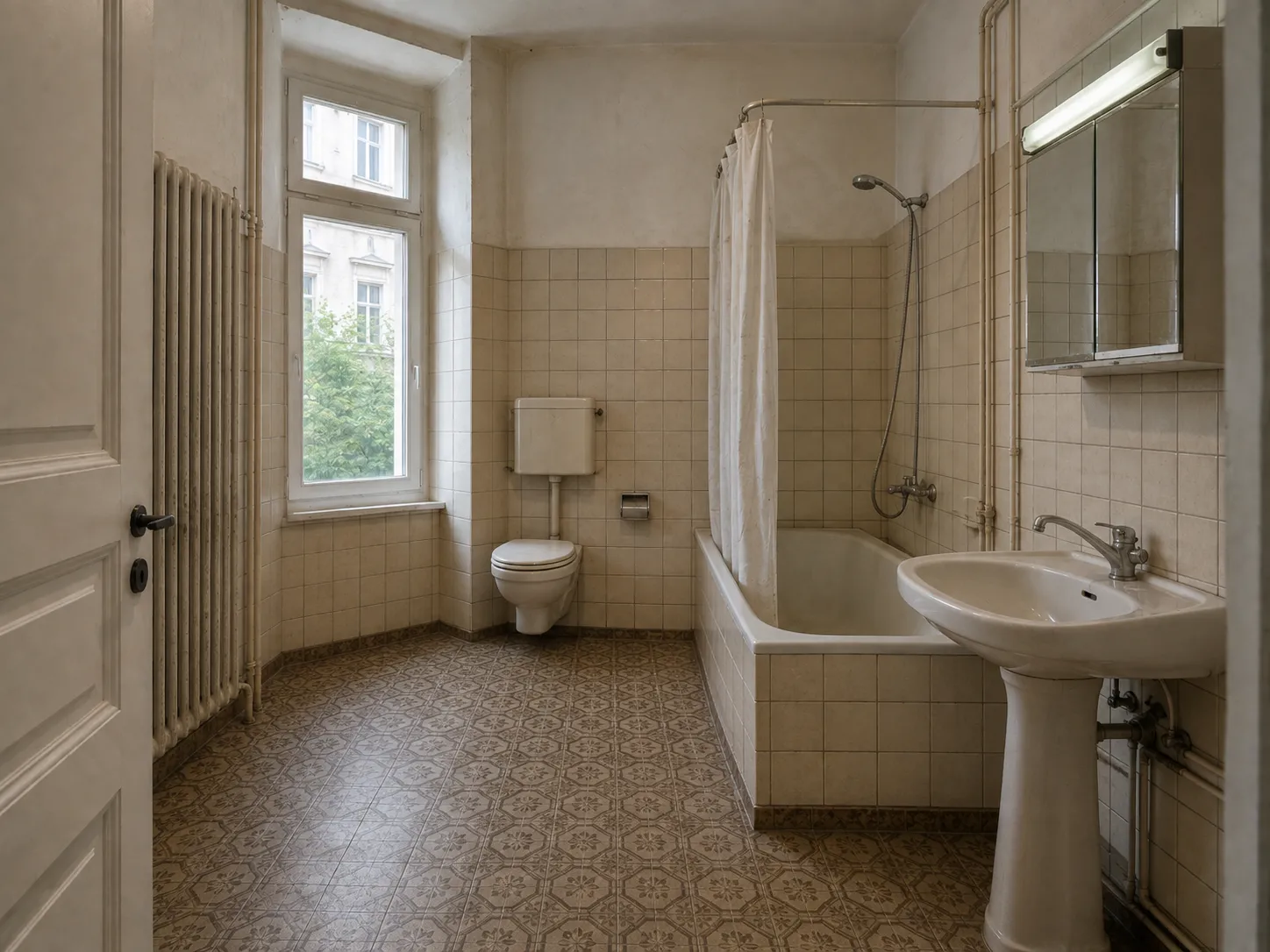 Enges Bad vor der Sanierung mit alten cremefarbenen Fliesen und Eckbadewanne